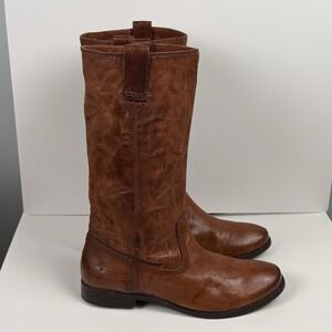 Frye Anna Pull-on Boots 8.5 Cognac Brown Leather Tall Riding Boots